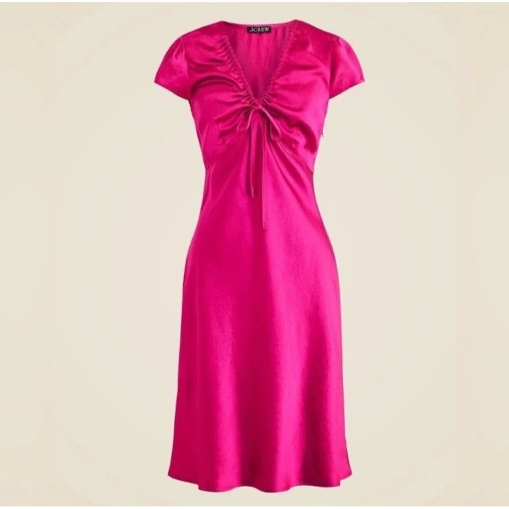 J Crew Womens Short Sleeve Slip Dress Textured Satin Radiant Fuchsia NWT Size 12